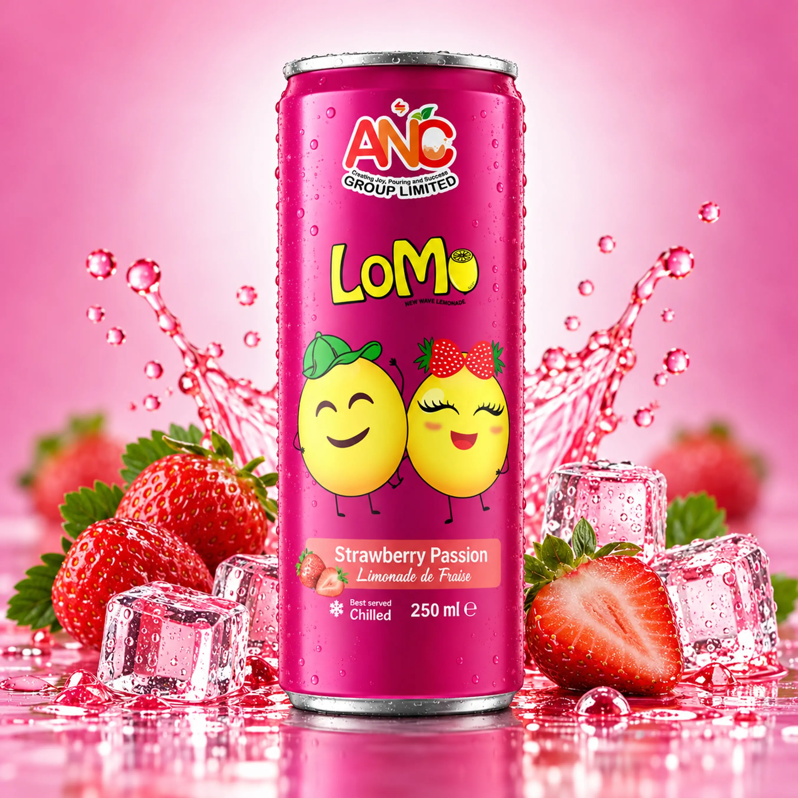 LOMO Strawberry Passion 250ml lemonade can with fresh strawberries, ice cubes and pink splash.